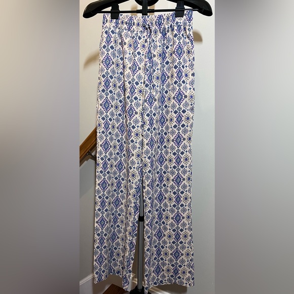 LA MIEL Pants - La Miel Blue Purple Patterned Wide-Leg Pant with Elastic Waist - Size Small